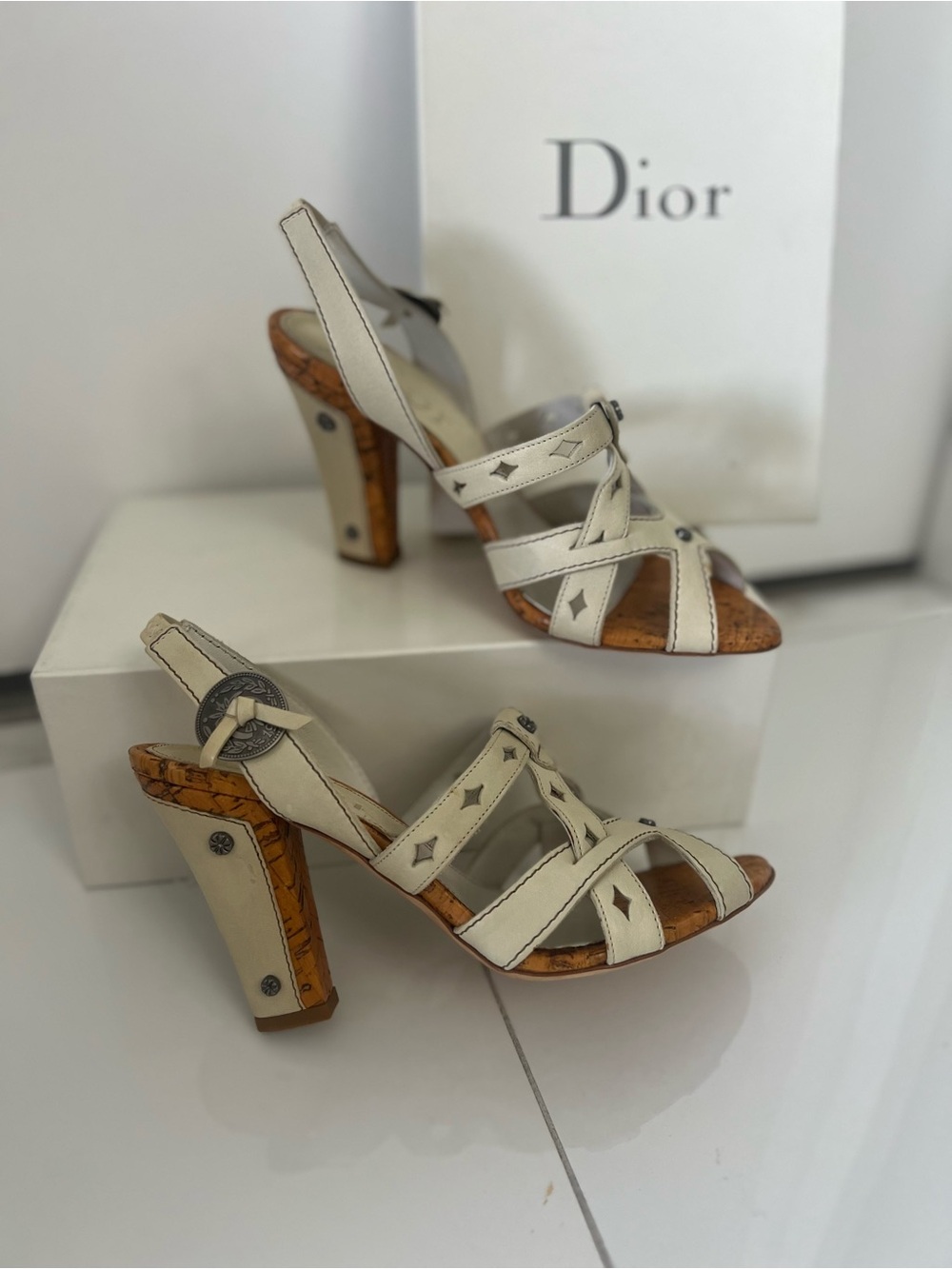 Dior Cream Leather Cork-Trim Slingback Heels - Picture 4 of 7